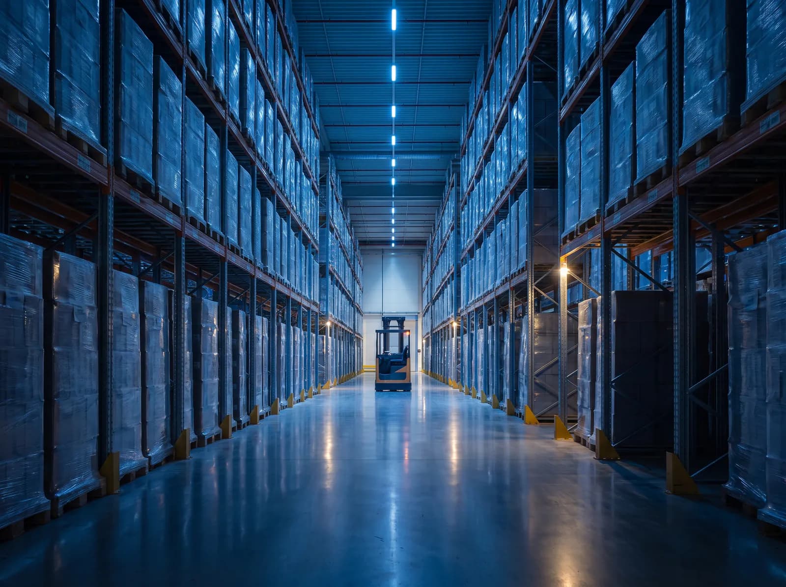 Pasillo de un centro de distribución con racks altos de tarimas embaladas y un montacargas