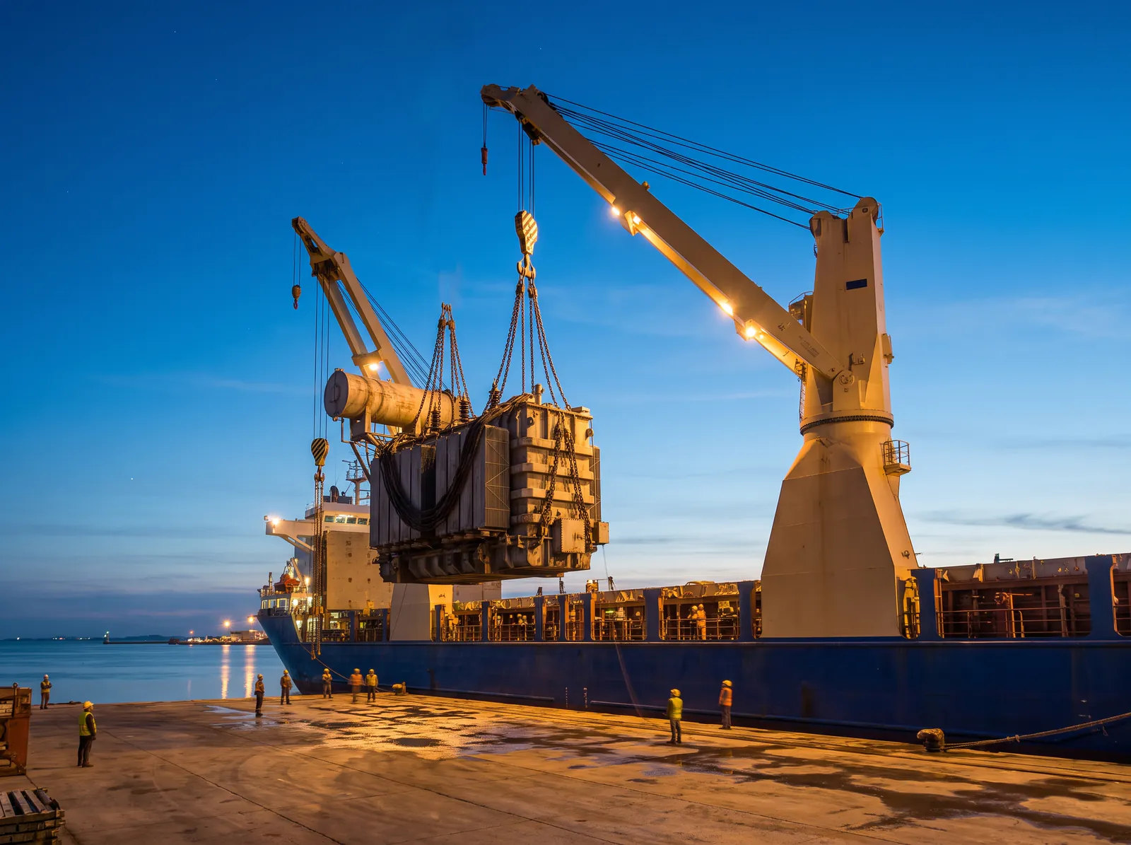 Grúas de un buque de carga pesada izando un transformador industrial en el muelle